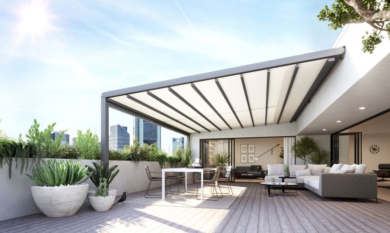 Weather protection awning for large terraces: markilux pergola stretch