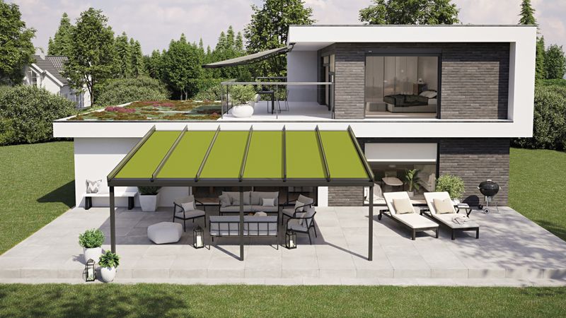 Conservatory awning with light green fabric cover and dark gray frame in front of modern terrace