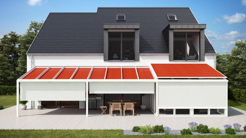 Frontalvy av ett tak på en uteplats med en kopplad markilux 779-markis med orange tygduk och vit shadeplus.