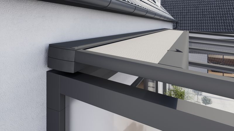 Detail view of the cassette of the top glass awning markilux 7800 half open