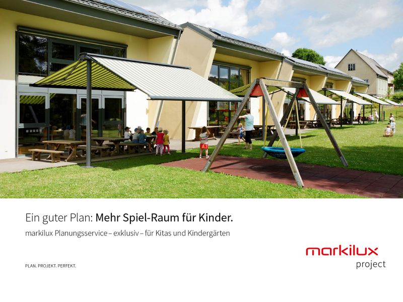 team : project brochure showing a daycare center with several free-standing green striped markilux syncra awnings
