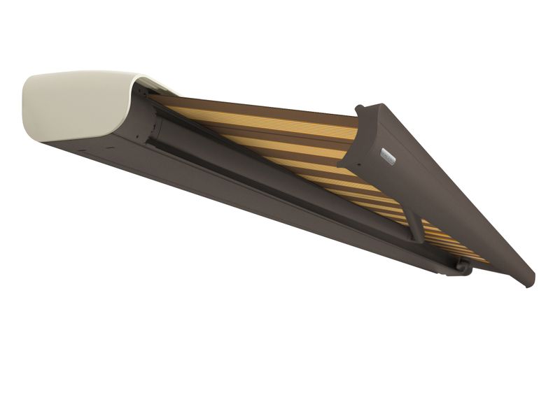 Cassette awning MX-2 with a brown-yellow striped fabric cover and a beige-brown frame