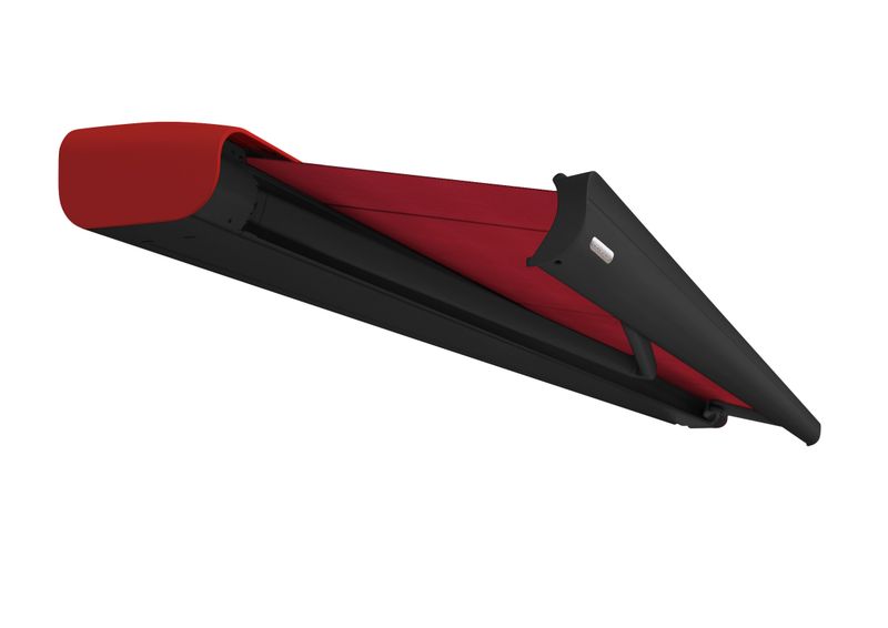 Tenda a cassonetto markilux MX_2 con telaio nero e tessuto della tenda da sole rosso scuro.