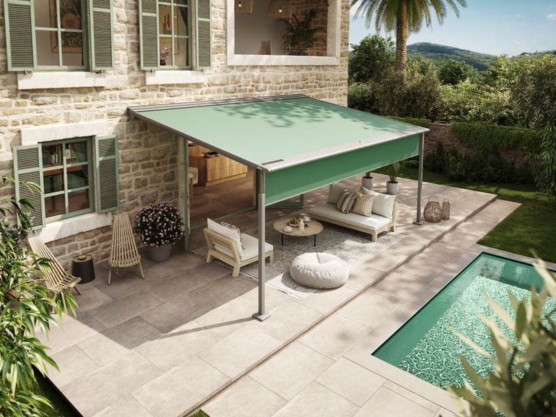 markilux pergola cubic in gray with green cloth on a terrace