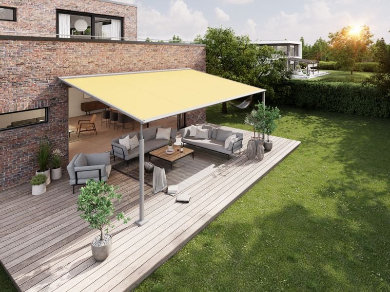 markilux pergola compact in silver with yellow cloth on a terrace