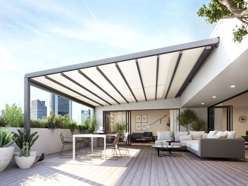 Weather protection awning for large terraces: markilux pergola stretch