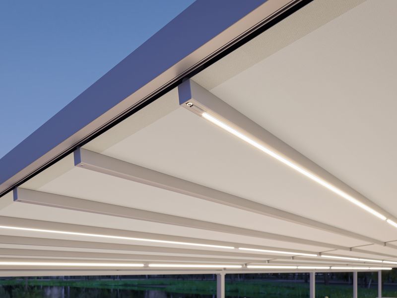 markilux pergola stretch (white fabric cover, gray frame): detail view of the illuminated led-line