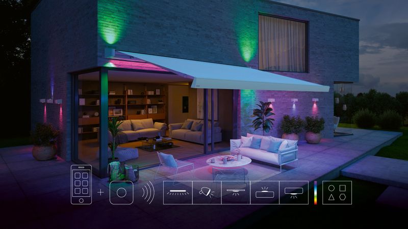 mx light ambient plus : lumière colorée et scénarios lumineux : configurer, gérer, commander, variateur, fondu via l'appli, le pont sur site (Philips Hue) et les ampoules intelligentes (Philips Hue GU10 smart Spot) dans la norme radiocomando ZigBee.