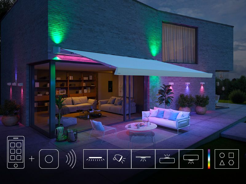 mx light ambient plus: colored light and light scenarios: configure, manage, control, dimmer, fade via the app, on-site bridge (Philips Hue) and smart bulbs (Philips Hue GU10 smart Spot) in the radio standard ZigBee.