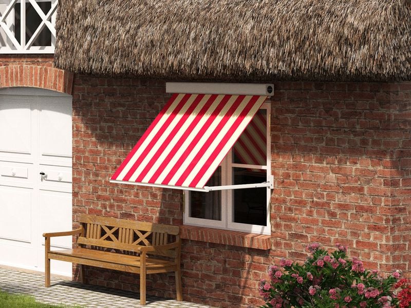 Drop arm awning mx 730 with red and white striped fabric cover