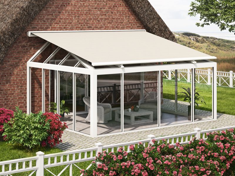 Electric above-glass awning for conservatories with hipped roof: markilux 8850