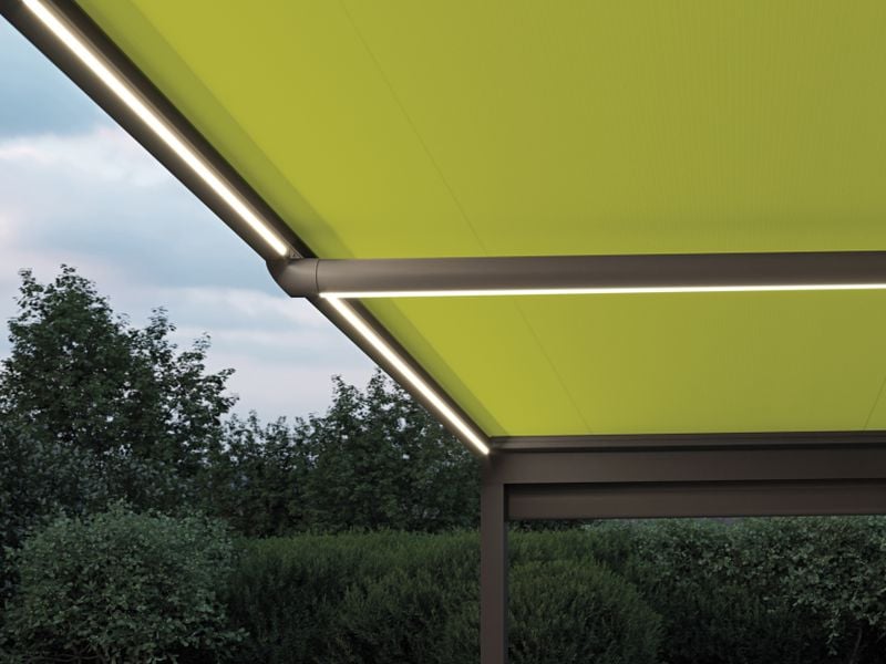 Detailed view of LED-Line in guide track of markilux under-glass awnings, green fabric cover