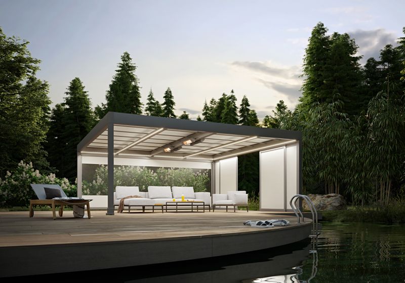 markilux format slide in combination with the markilux markant awning system on a pond