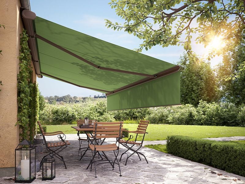 southern French terrace with extended havana brown awning MS-5010 with green cloth