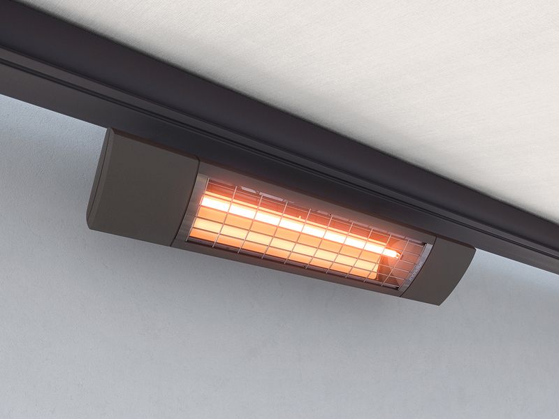 Close-up of a radiant heater attached to a pergola.