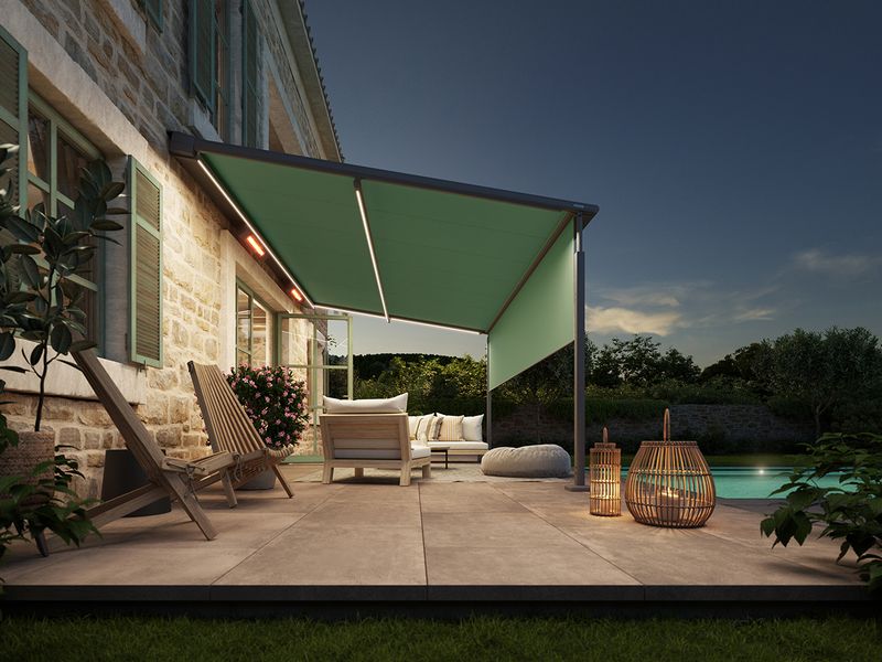 markilux pergola cubic with lighting and shadeplus, fincascene at night