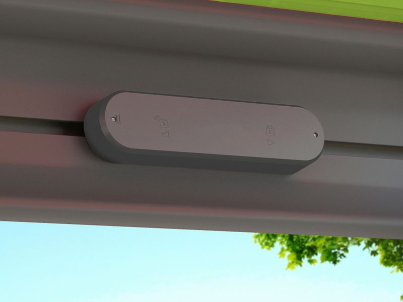 markilux Vibrabox (wind sensor) in detail view, attached to the front profile of the awning.