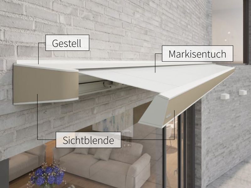 Markise MX-4 mit cremefarbenem Tuch und beiger Sichtblende ist mit Fachbegriffen beschriftet.