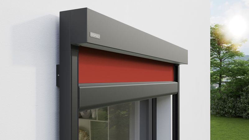 Detailweergave verticale cassettescherm markilux 776: grijs frame, wandmontage.
