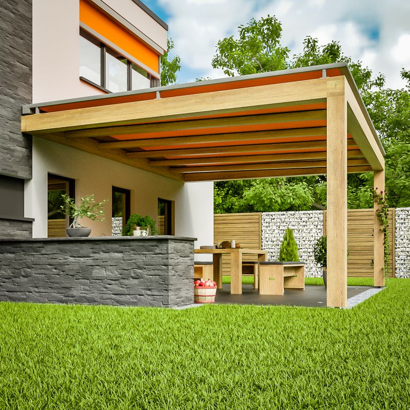 Techo de terraza de madera equipado con un toldo markilux 770 on-glass con lona de tejido naranja.