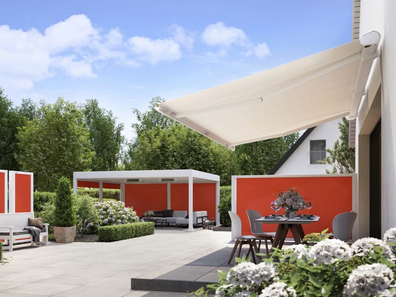 Terrace equipped with various markilux awning systems.