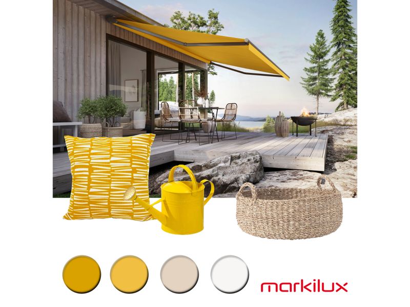 markilux Designempfehlung aus gelber Markise, Gartenmöbeln und Accessoires.