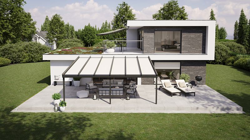 Store sous verrière markilux 779 avec toile de store blanche, installé sur une terrasse couverte.