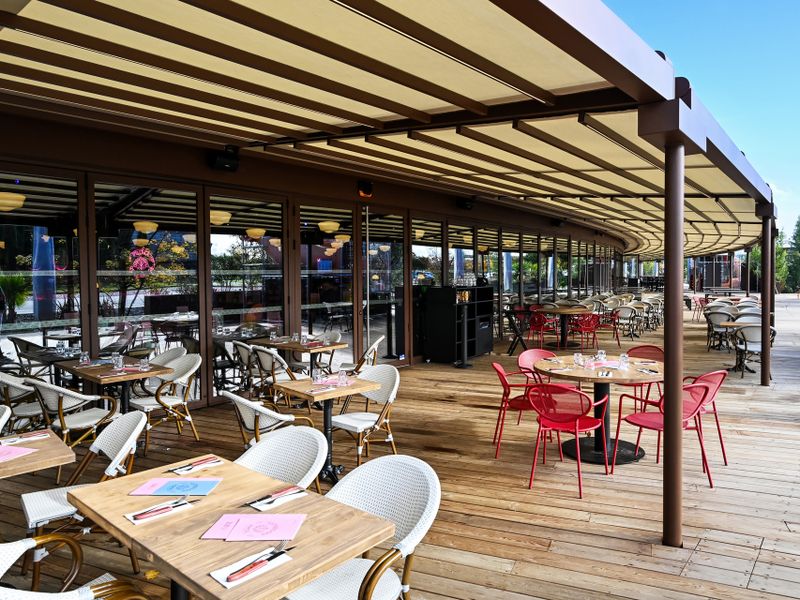 Large awning system on a restaurant complex.