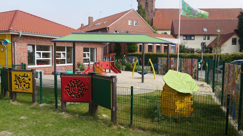 Reference image of a markilux syncra above the sandpit of a kindergarten in Cloppenburg